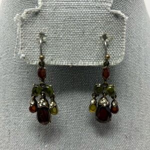 Liz Claiborne Red and Green Beaded Chandelier Style Dangle Earrings Rhinestones